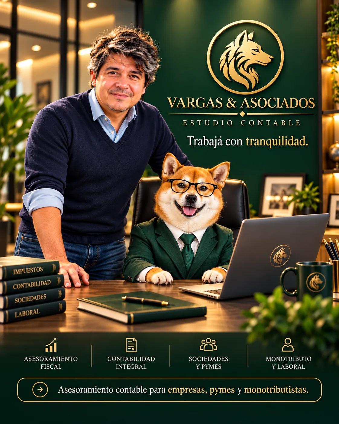 Imagen institucional de Vargas & Asociados, con el equipo y la mascota del estudio en un entorno de oficina.