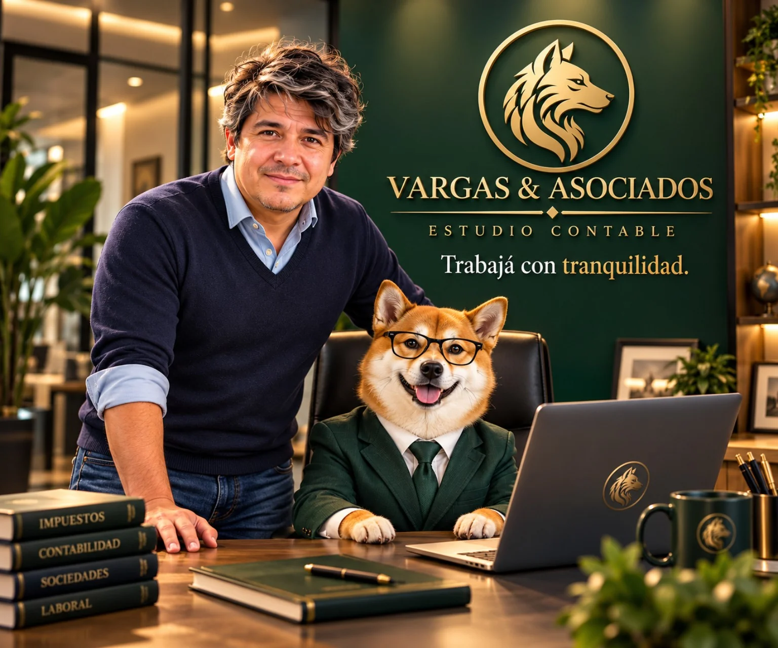 Imagen de campaña de Estudio Vargas & Asociados con su identidad verde y dorada y la mascota del estudio.